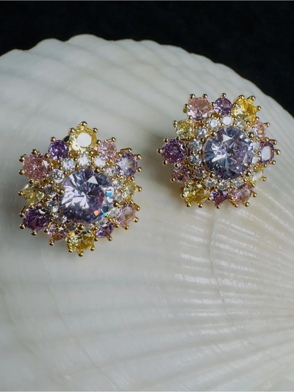 Gold Multi-Color Crystal Cluster Stud Earrings by